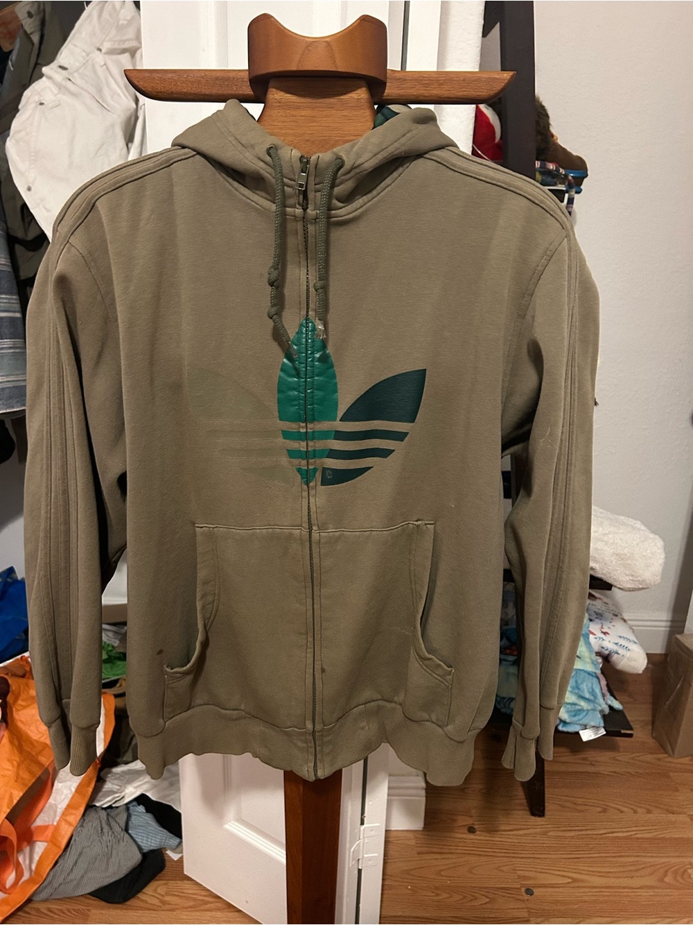 adidas Olive Green Zip-Up Hoodie Jacket with Teal Trefoil
